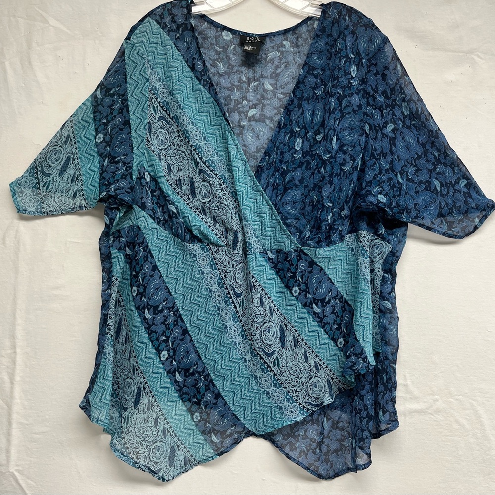 Vintage RQT Blue Mixed Print Sheer Blouse | 3X | Coastal Grandmother Boho, Fairy